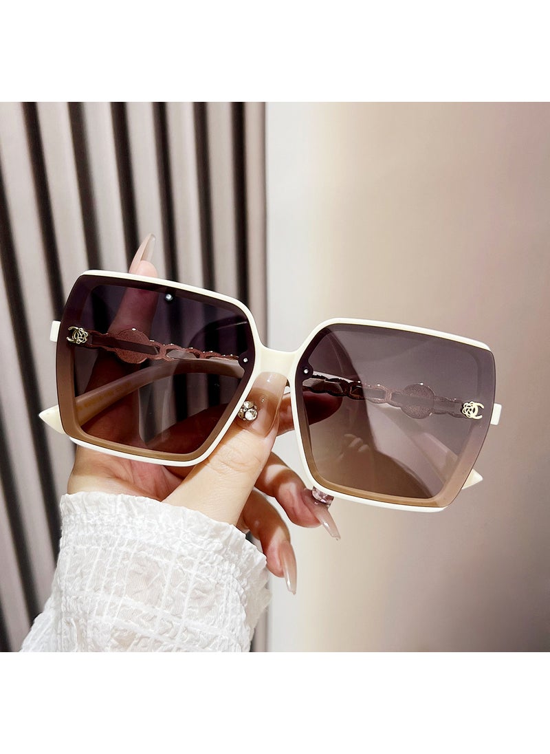 Generic 2024 New Style Chanel Style Light Luxury Fashion Sunglasses Womens High-end All-match Polarized Sunglasses Womens Large Frame Live Style White frame gray tea slice 