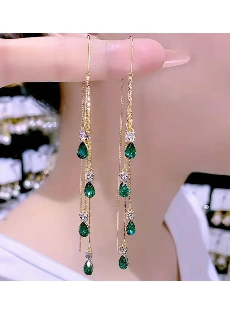 Home Clearance Sale Elegant Green Rhinestone Tassel Earrings - Luxurious Alloy Dangle Jewelry for Women, Perfect for Casual Attire & Special Occasions - Image 1