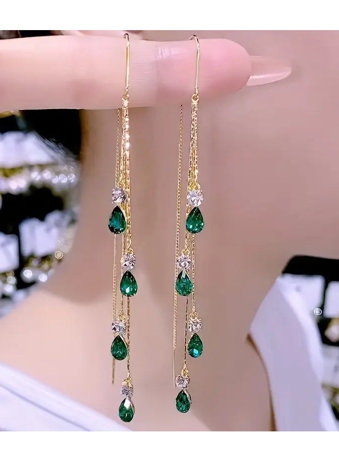 Home Clearance Sale Elegant Green Rhinestone Tassel Earrings - Luxurious Alloy Dangle Jewelry for Women, Perfect for Casual Attire & Special Occasions - Image 2