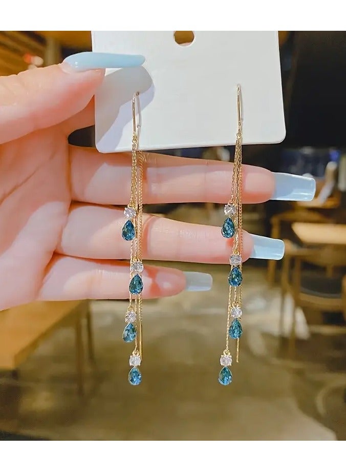 Home Clearance Sale Elegant Green Rhinestone Tassel Earrings - Luxurious Alloy Dangle Jewelry for Women, Perfect for Casual Attire & Special Occasions - Image 4