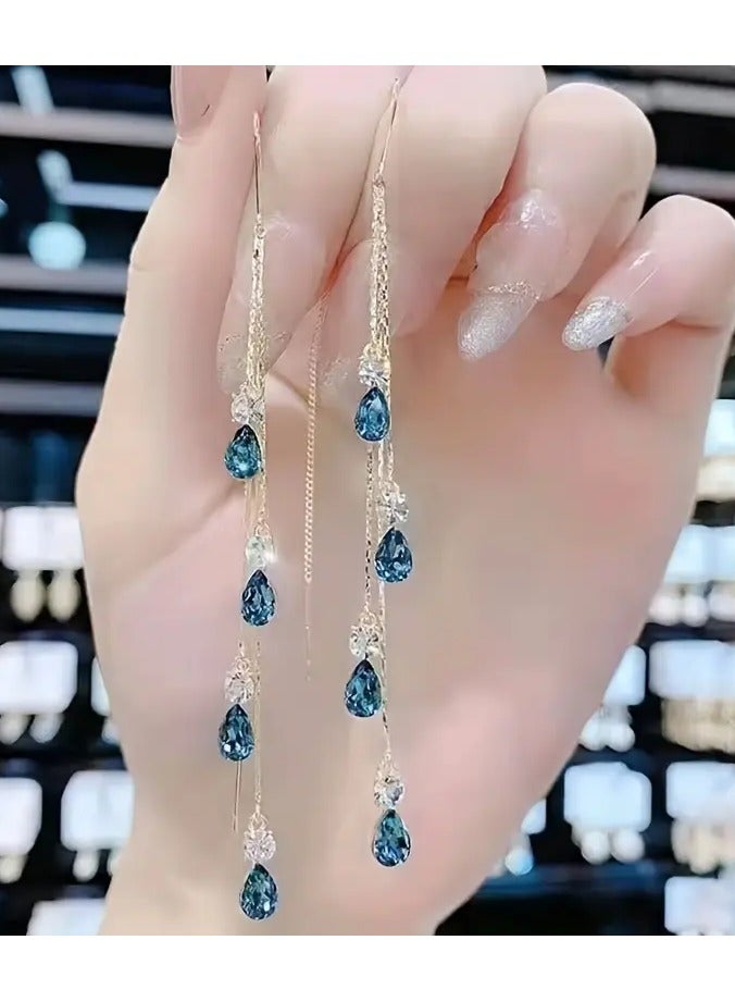 Home Clearance Sale Elegant Green Rhinestone Tassel Earrings - Luxurious Alloy Dangle Jewelry for Women, Perfect for Casual Attire & Special Occasions - Image 5