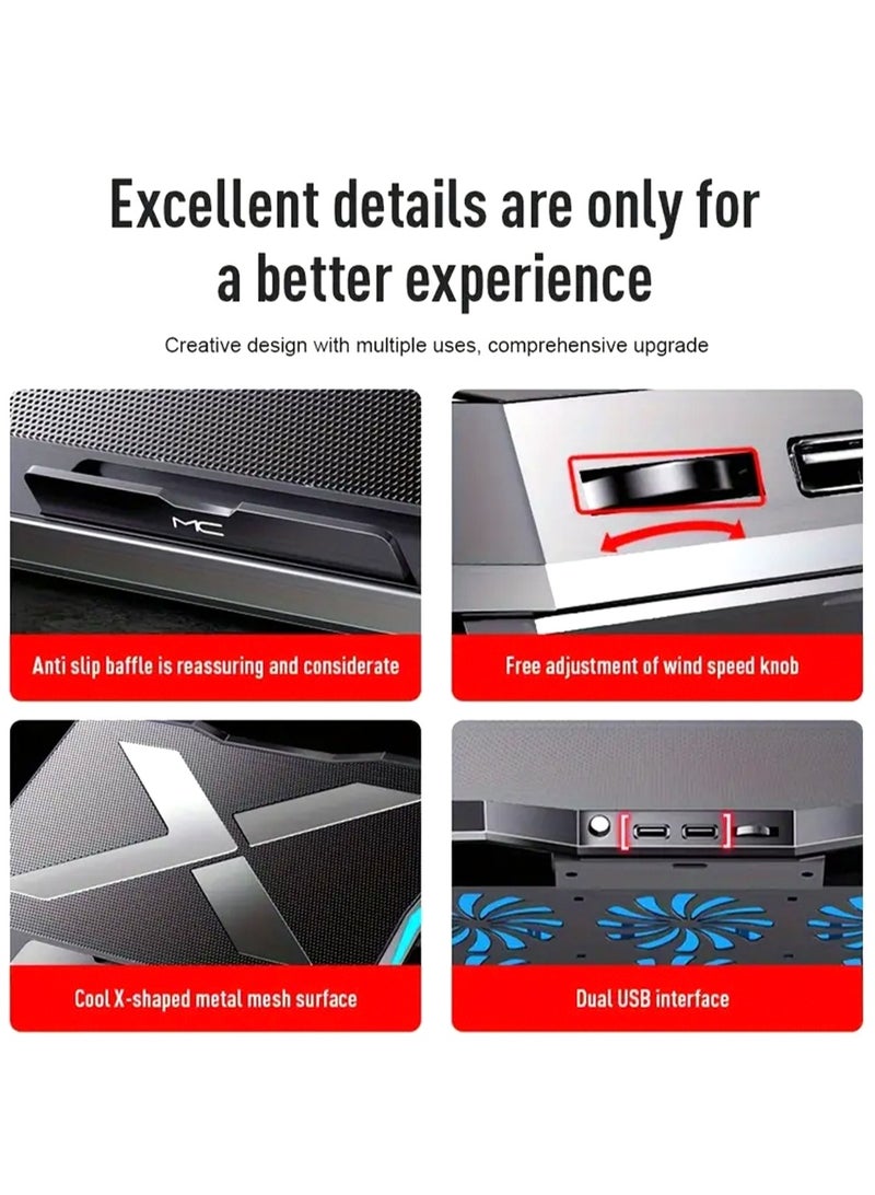 MC 2-in-1 Laptop Cooling Stand Large Size Radiator Lifting Folding Desktop Base Heat Dissipation Bracket for Gaming Notebook with Adjustable Speeds 6 Quiet Fans for Fast Cooling Built-in Stand Feature Height Adjustment in 6 Levels USB Powered Compatible with Notebooks Up to 18 Inches Q3（Black） - Image 5