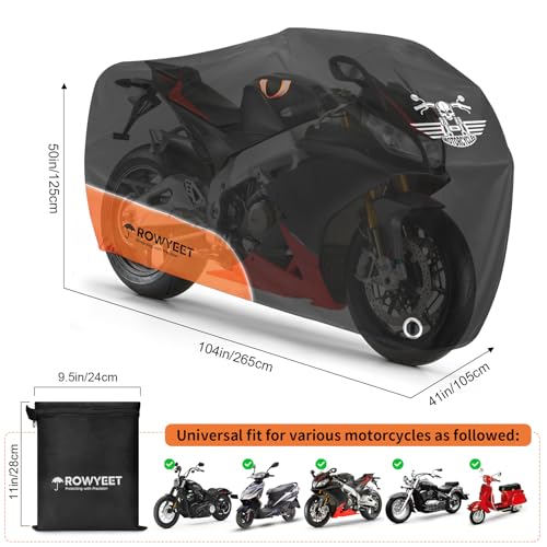 ROWYEET Motorcycle Cover Waterproof Outdoor Storage with Lock-Holes, Zipper Storage Bag & Night Reflective Design, All Season Protection Powersports Vehicle Covers Fits up to 104" Motorcycles - Image 2