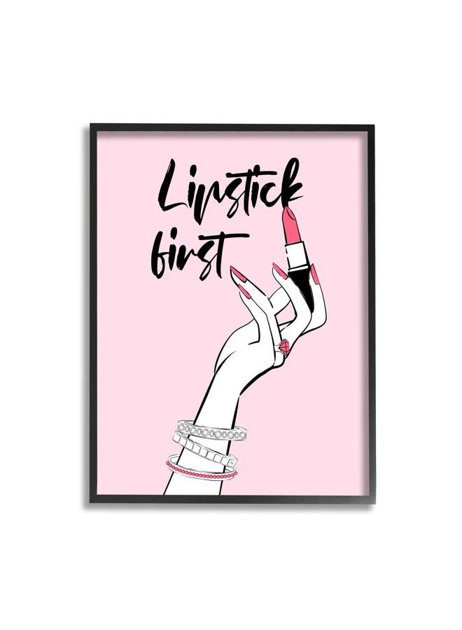 Stupell Industries Lipstick First Makeup Calligraphy Glamorous Phrase Jewelry Accessories, Design by Martina Pavlova - Image 1