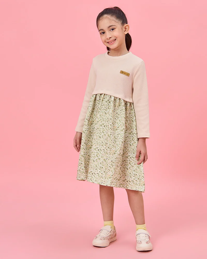 Redtag Girls Beige Floral Print Dress