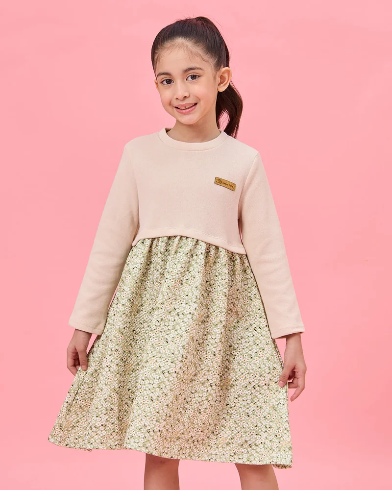 Redtag Girls Beige Floral Print Dress