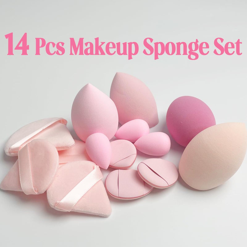 ElegGlo Makeup Sponge Set Blender Sponges 14 Pcs for Liquid Cream, and Powder Latex Free Multi-colored Sponges for Makeup Application with Storage Box Pink Gifts - Image 2