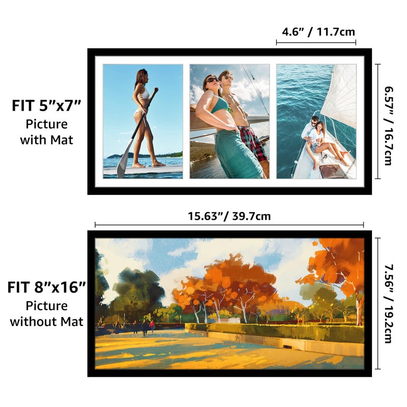 جيفت جاردن GiftGarden 5x7 صورة إطار صورة 3 فتحة 8x16 إطار مملوءة بثلاث صور 5x7 مع حصيرة عرض الجدار الأسود - Image 2
