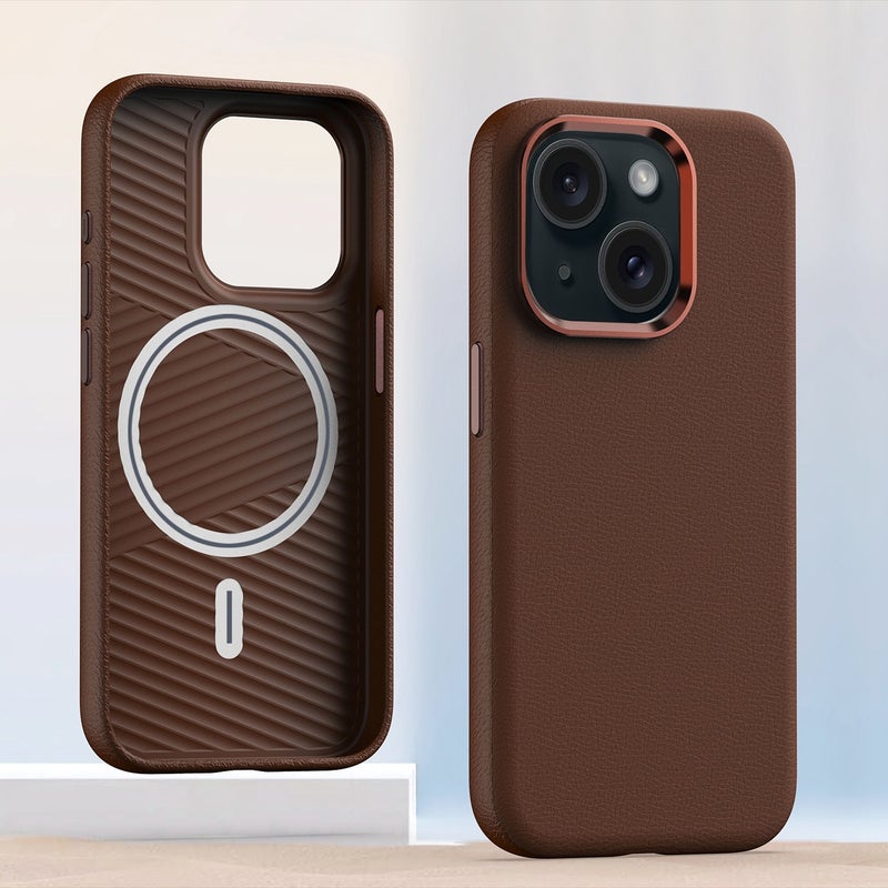 HuHa Protective Cover For iPhone 14 Plus Metal Lens Frame Leather Magsafe Full Coverage Shockproof Phone Case(Brown) - Image 1