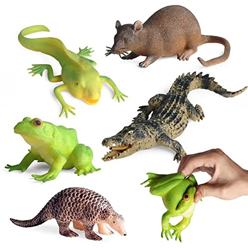 SCAHOW 5PCS Soft Rubber Squishy Toys TPR Super Stretch Animal Toys for Kids Rubber Animal Figures Set with Frog Tadpole Crocodile Rat Pangolin - Image 1