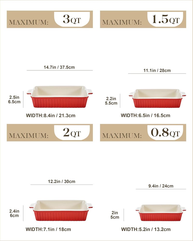 MALACASA Set of 4 Porcelain Baking Sheets for Oven, Casserole, Rectangular Ceramic Baking Pan for Baking Cake, Pie, Kitchen, Red (24cm/28.5cm/32cm/37cm) - Image 2