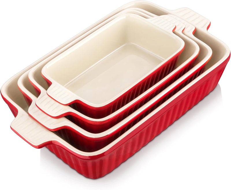 MALACASA Set of 4 Porcelain Baking Sheets for Oven, Casserole, Rectangular Ceramic Baking Pan for Baking Cake, Pie, Kitchen, Red (24cm/28.5cm/32cm/37cm) - Image 1