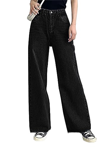 HDLTE Baggy Wide Leg Jeans for Women High Waisted Trendy Flare Jeans Boyfriend Denim Pants with Patch Pockets,Black,Small - Image 2