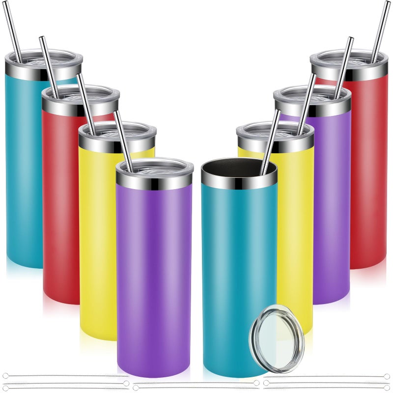 Skinny Tumblers Bulk 20 oz Stainless Steel with Lids and Straws Blank Slim Insulated Cup Double Layer Water Cups for Travel DIYGreen Yellow Purple Red8 Pcs