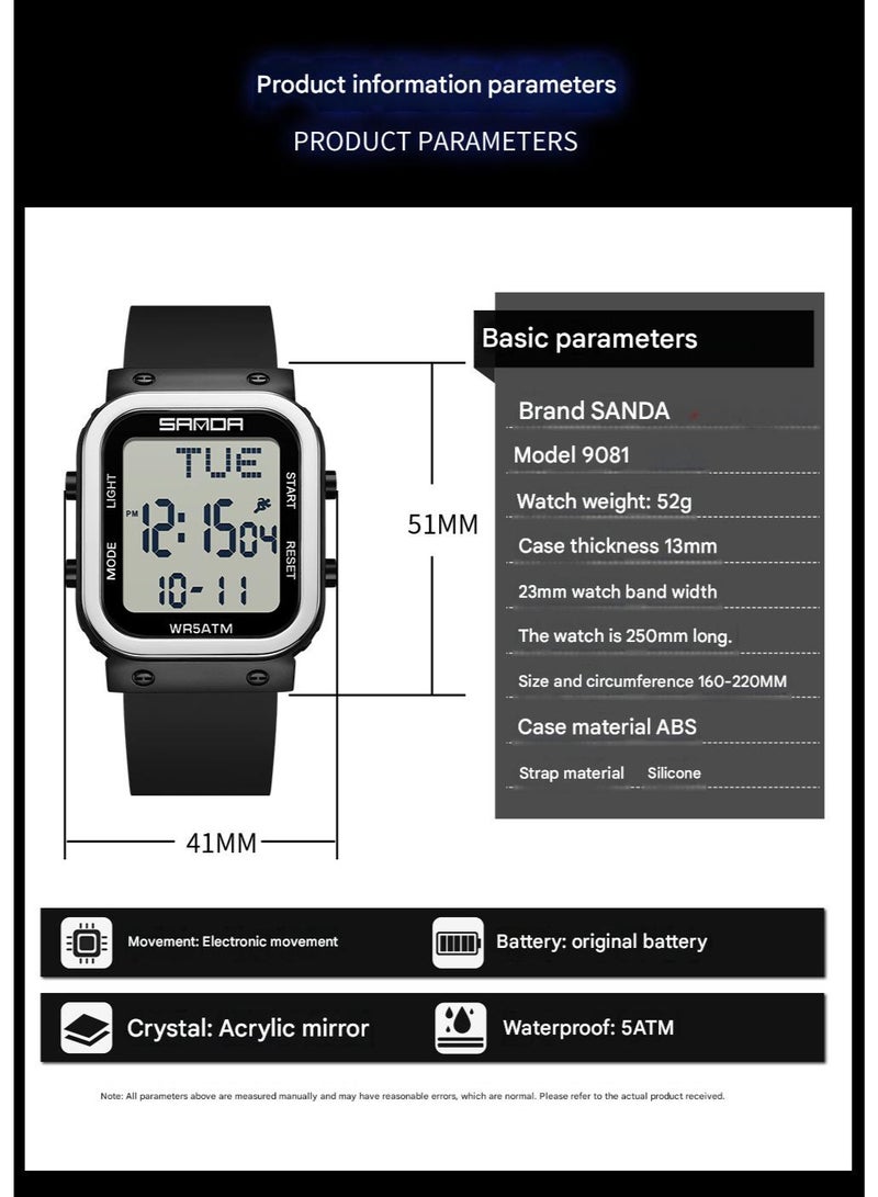 Sanda Square Single-Display Digital Men's Watch, Multifunctional Alarm Clock Luminous Outdoor Sports Water-Resistant Wrist Watch 9081 - Image 2