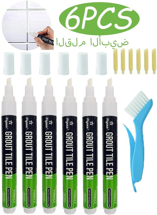 6 Pcs White Grout Pen with 6 Replacement Nib Tips 1 Cleaning Brush Tile Grout Restorer Repair Marker for Tile Walls Floors Bathroom  Kitchen Bedroom Balcony Hotel, Guesthouse Home Daily Maintenance - Image 1