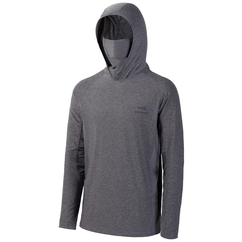 BASSDASH UPF 50 Mens Long Sleeve Fishing Shirt with Mask UV Neck Gaiter Hoodie Heather Grey