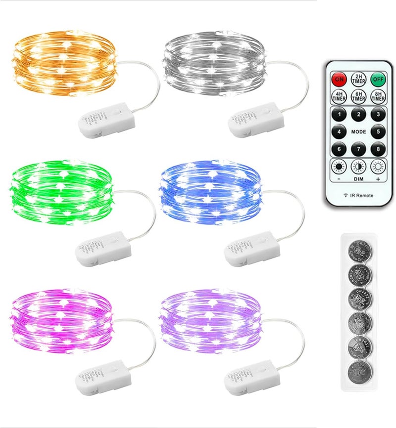 SINAMER 6PCS Multicolor Fairy Lights Battery Powered with Timer, 7ft 20LEDs Twinkle Mini Lights with Remote,Waterproof Small Silver Wire Firefly Starry for DIY Wedding Party Christmas - Image 1