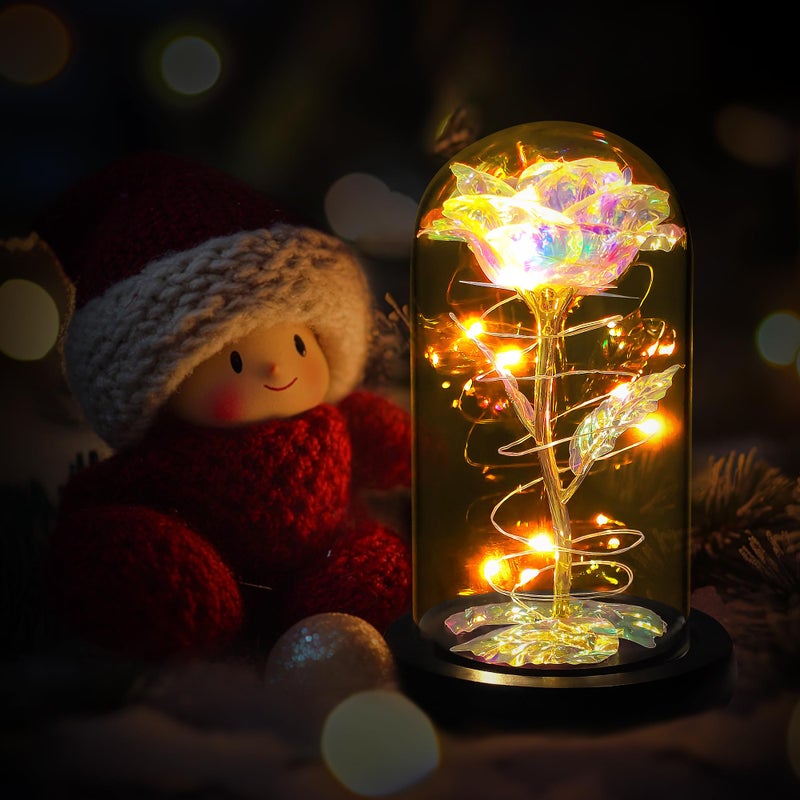 Childom Birthday Gifts for WomenChristmas Flowers Gifts for HerWomenMomWifeGrandmaLight Up Rose in Glass DomeColorful Rainbow Flowers for ChristmasAnniversaryValentinesBirthday