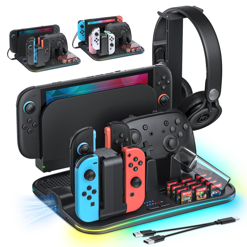 FASTSNAIL Switch 21 Compatible FASTSNAIL Charging Dock Orgainzer Station Cooling Fan for Nintendo Switch 21OLED Storage Stand for JoyCon 21 with 12 Card Slots ControllerHeadset Holder 9 RGB Modes - Image 2