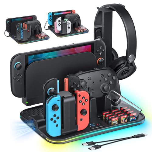 FASTSNAIL Switch 21 Compatible FASTSNAIL Charging Dock Orgainzer Station Cooling Fan for Nintendo Switch 21OLED Storage Stand for JoyCon 21 with 12 Card Slots ControllerHeadset Holder 9 RGB Modes - Image 1