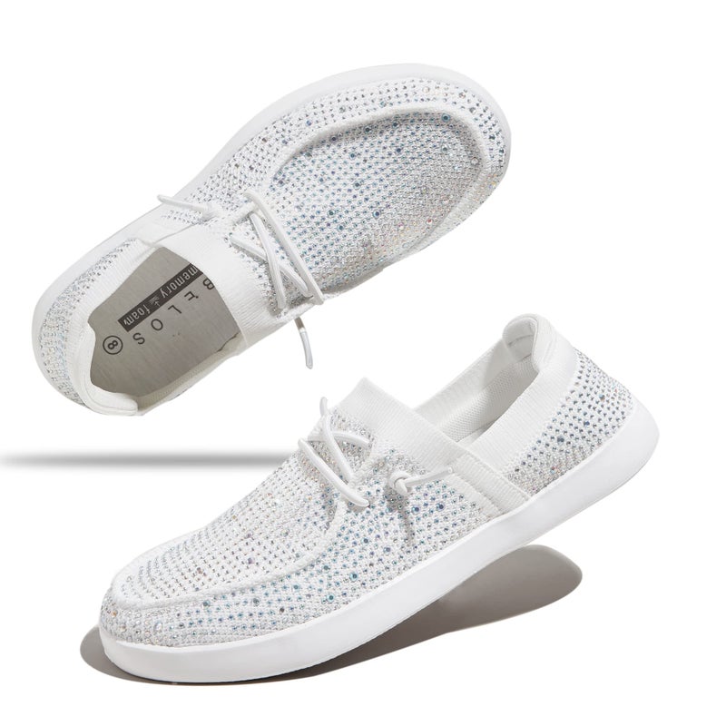 BELOS Women's Rhinestone Lace Up Loafers Shoes Comfortable Slip On Mesh Knit Walking Shoes Fashion Lightweight Sparkly Glitter Sneaker(White,11 - Image 1