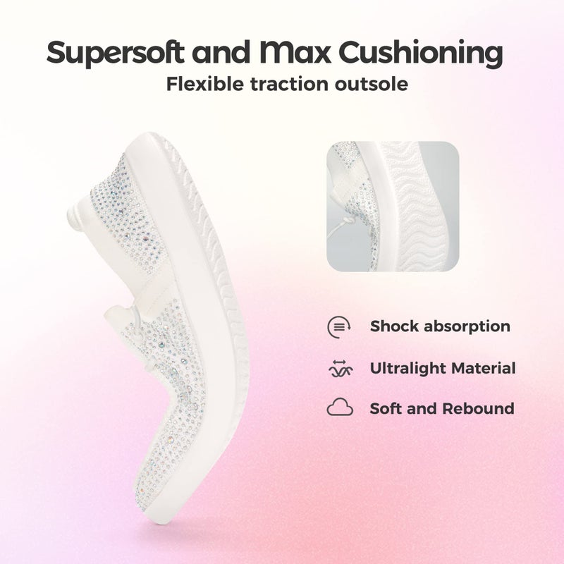 BELOS Women's Rhinestone Lace Up Loafers Shoes Comfortable Slip On Mesh Knit Walking Shoes Fashion Lightweight Sparkly Glitter Sneaker(White,11 - Image 5