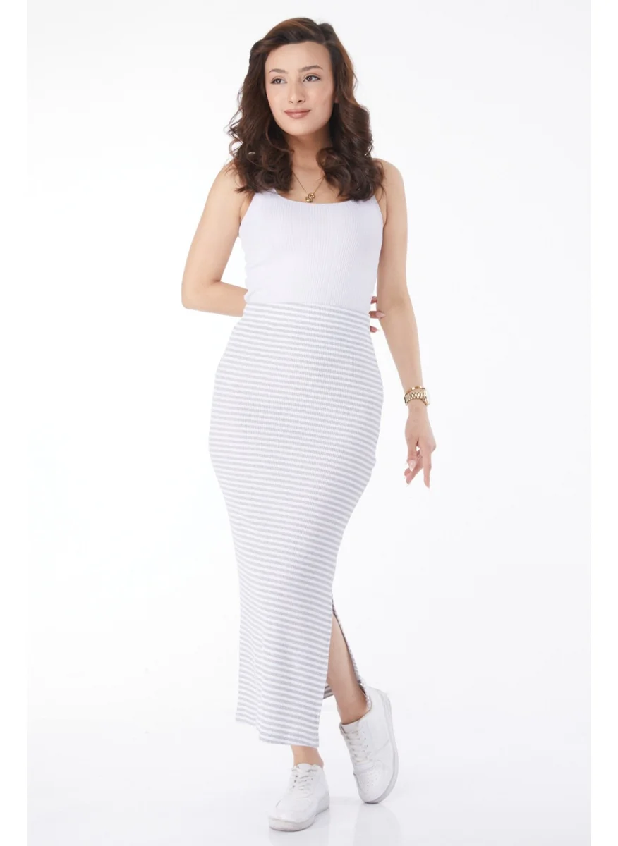 Tofisa 24664-GRI Striped Slit Skirt