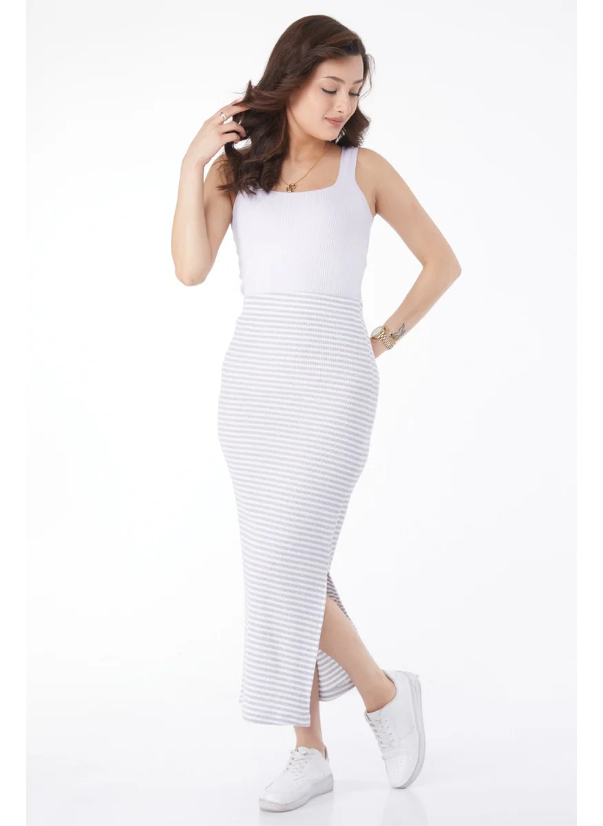 Tofisa 24664-GRI Striped Slit Skirt