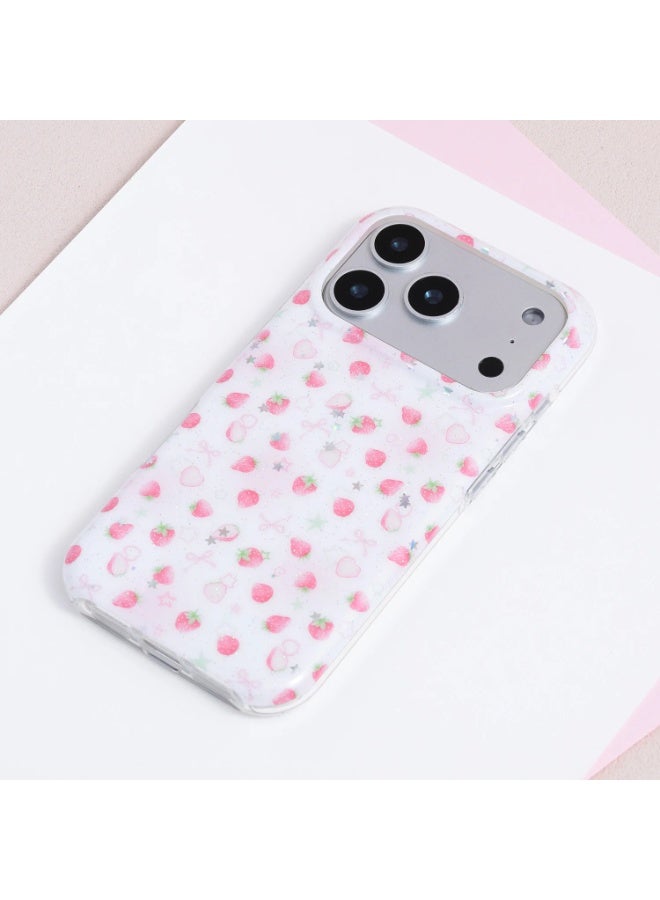 كفر iPhone 17 Pro، كفر هاتف لطيف بتصميم فراولة وقلوب مع تفاصيل لامعة، غطاء خلفي واقٍ خفيف مقاوم للصدمات مع حافة مرتفعة لحماية الكاميرا لهاتف Apple iPhone 17 Pro، وردي - Image 1