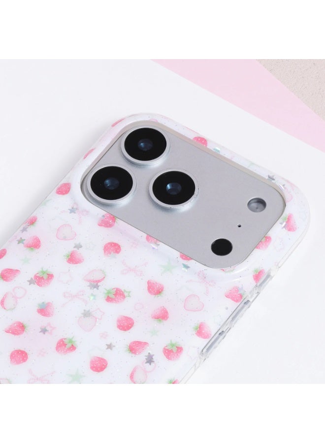 كفر iPhone 17 Pro، كفر هاتف لطيف بتصميم فراولة وقلوب مع تفاصيل لامعة، غطاء خلفي واقٍ خفيف مقاوم للصدمات مع حافة مرتفعة لحماية الكاميرا لهاتف Apple iPhone 17 Pro، وردي - Image 2