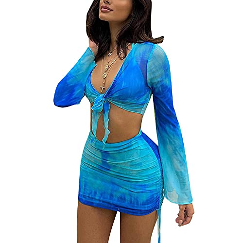 SHESEEWORLD Women's Sexy Long Sleeve 2 Piece Sheer Mesh Cover Up Dress Crop Top Bodycon Ruched Mini Skirt Sets - Image 1