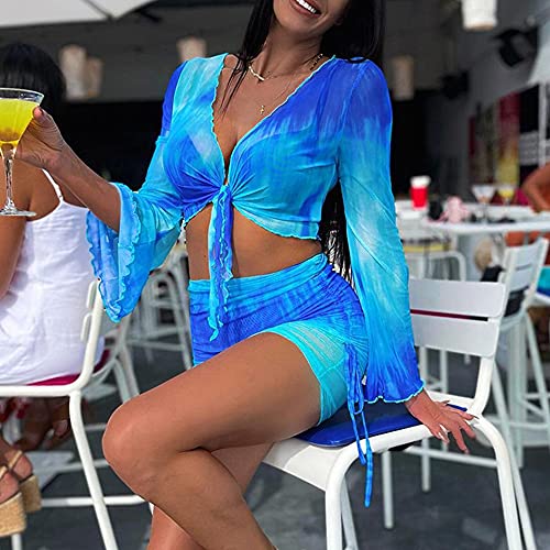SHESEEWORLD Women's Sexy Long Sleeve 2 Piece Sheer Mesh Cover Up Dress Crop Top Bodycon Ruched Mini Skirt Sets - Image 3