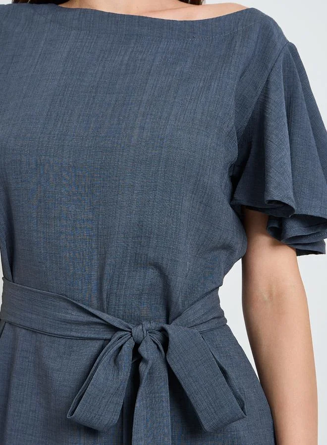 Maxim Creation dark blue Grey Boat Neck A-Line Maxi Dress with Tie-Belt for Women | Best Price UAE