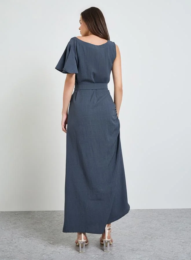 Maxim Creation dark blue Grey Boat Neck A-Line Maxi Dress with Tie-Belt for Women | Best Price UAE