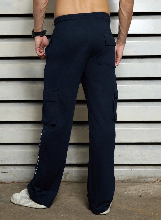 HIGH STAR Men's Navy 100% Polyester Printed Full Length Casual Track Pant Straight Fit Trouser - Image 1