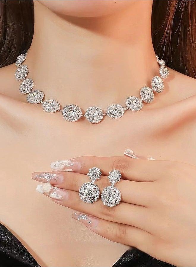 2 Piece Jewelry Set of Necklace and Earrings Shiny Round Diamond Chic Rhinestone Decor Jewellery Set for Women Ladies Gift for Girlfriend Wife Mother Bridesmaids Wedding Party Accessories - Image 1