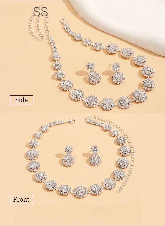 2 Piece Jewelry Set of Necklace and Earrings Shiny Round Diamond Chic Rhinestone Decor Jewellery Set for Women Ladies Gift for Girlfriend Wife Mother Bridesmaids Wedding Party Accessories - Image 4