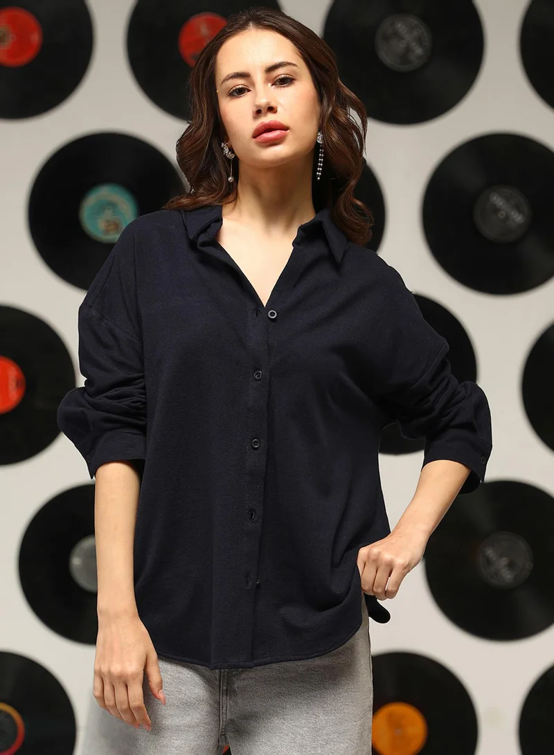 بينيا كولادا Women's Midnight Blue Solid Oversized Shirt For Casual Wear | Spread Collar | Long Sleeves | Button Closure | Oversized Shirt Designed With Comfortable Fit For Woman & Girls