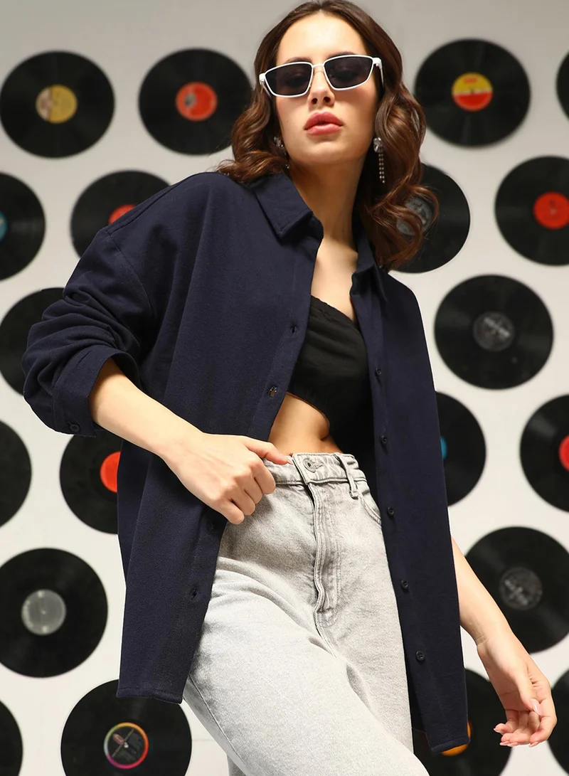 بينيا كولادا Women's Midnight Blue Solid Oversized Shirt For Casual Wear | Spread Collar | Long Sleeves | Button Closure | Oversized Shirt Designed With Comfortable Fit For Woman & Girls