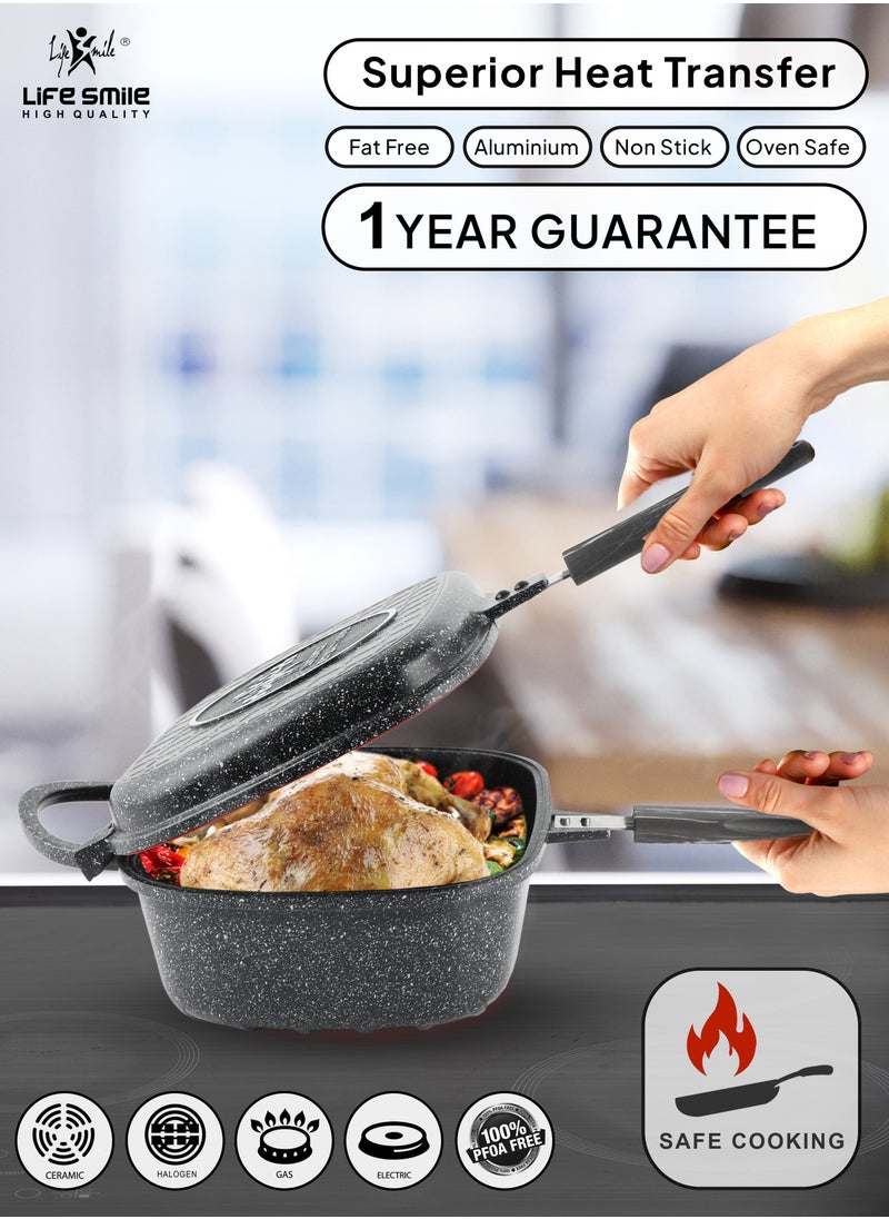 Life Smile - Smart Double Grill Deep Frying Pan - 5 Layer Granite Non-Stick Coating With Magnetic Handle - Flipping Grill Frying Pan | Multiple Hob Compatibility - Image 1