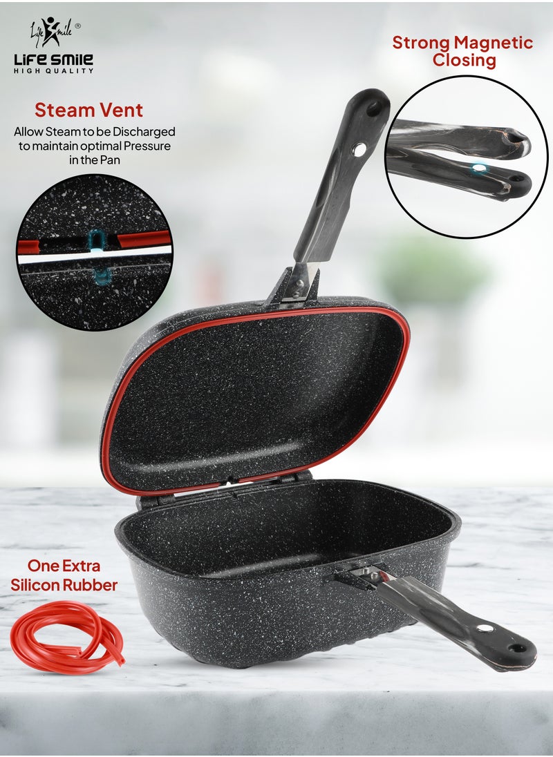 Life Smile - Smart Double Grill Deep Frying Pan - 5 Layer Granite Non-Stick Coating With Magnetic Handle - Flipping Grill Frying Pan | Multiple Hob Compatibility - Image 1