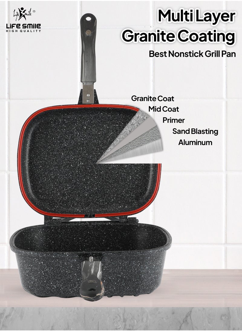 Life Smile - Smart Double Grill Deep Frying Pan - 5 Layer Granite Non-Stick Coating With Magnetic Handle - Flipping Grill Frying Pan | Multiple Hob Compatibility - Image 1