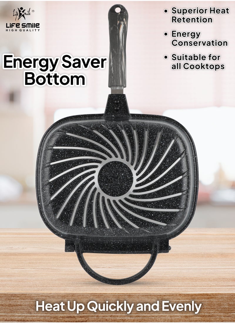 Life Smile - Smart Double Grill Deep Frying Pan - 5 Layer Granite Non-Stick Coating With Magnetic Handle - Flipping Grill Frying Pan | Multiple Hob Compatibility - Image 1