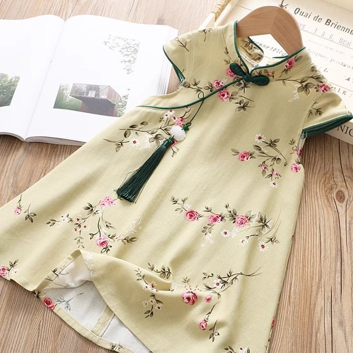 Yellow Cheongsam Summer Dress for Girls - Vintage Chinese Style Children's Clothing (with Pendant) - Image 1