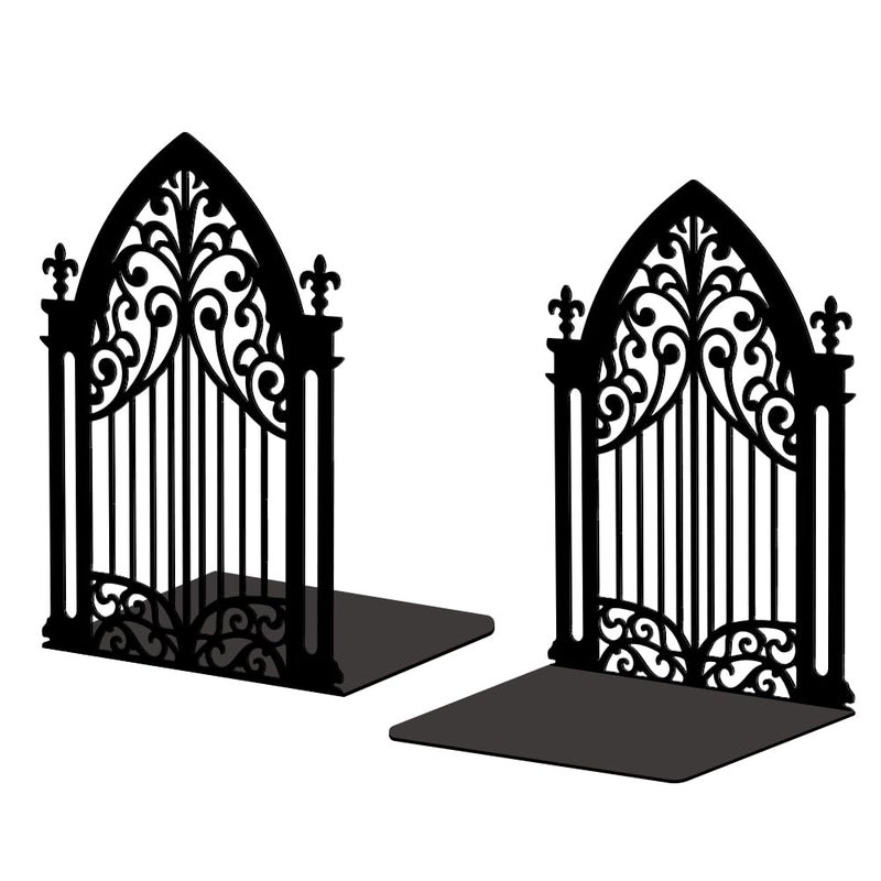 Peacoblue Metal Bookends for Shelves Modern Decorative Heavy Duty Study Book Support Stoppers for Office Desk Shelf Room 53x43x73 Cast Iron Simple Tall Bookends 1 Pair Gothic Gate - Image 2