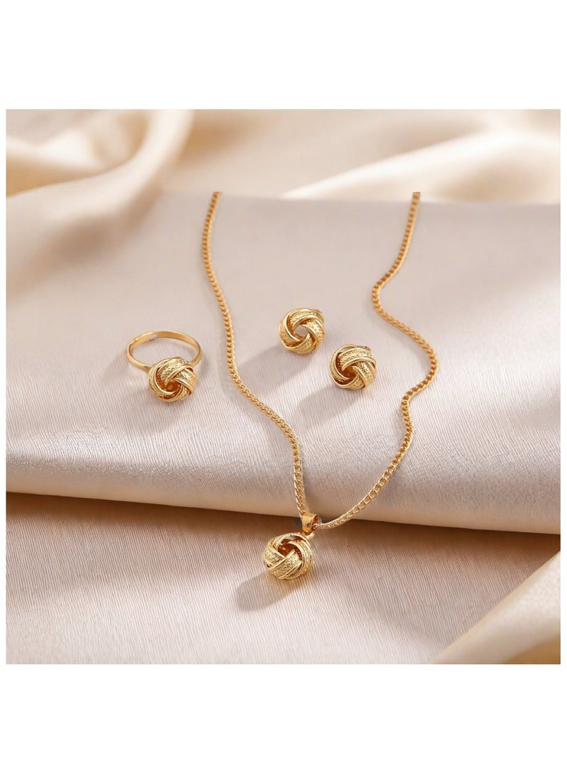 Huitich Elegant Gold Colour Knot Jewelry Set Necklace, Earrings & Ring Size : Earing 1.2Cm Pendant 2cm Ring 7 - Image 2