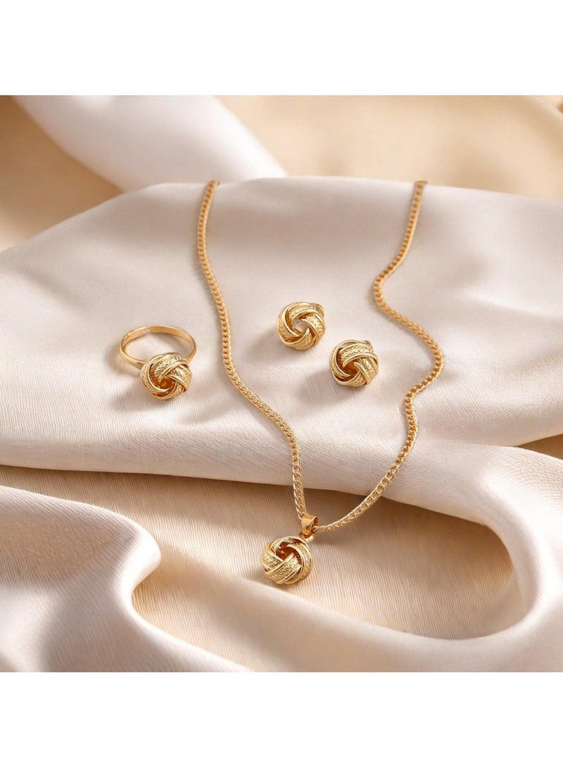 Huitich Elegant Gold Colour Knot Jewelry Set Necklace, Earrings & Ring Size : Earing 1.2Cm Pendant 2cm Ring 7 - Image 3