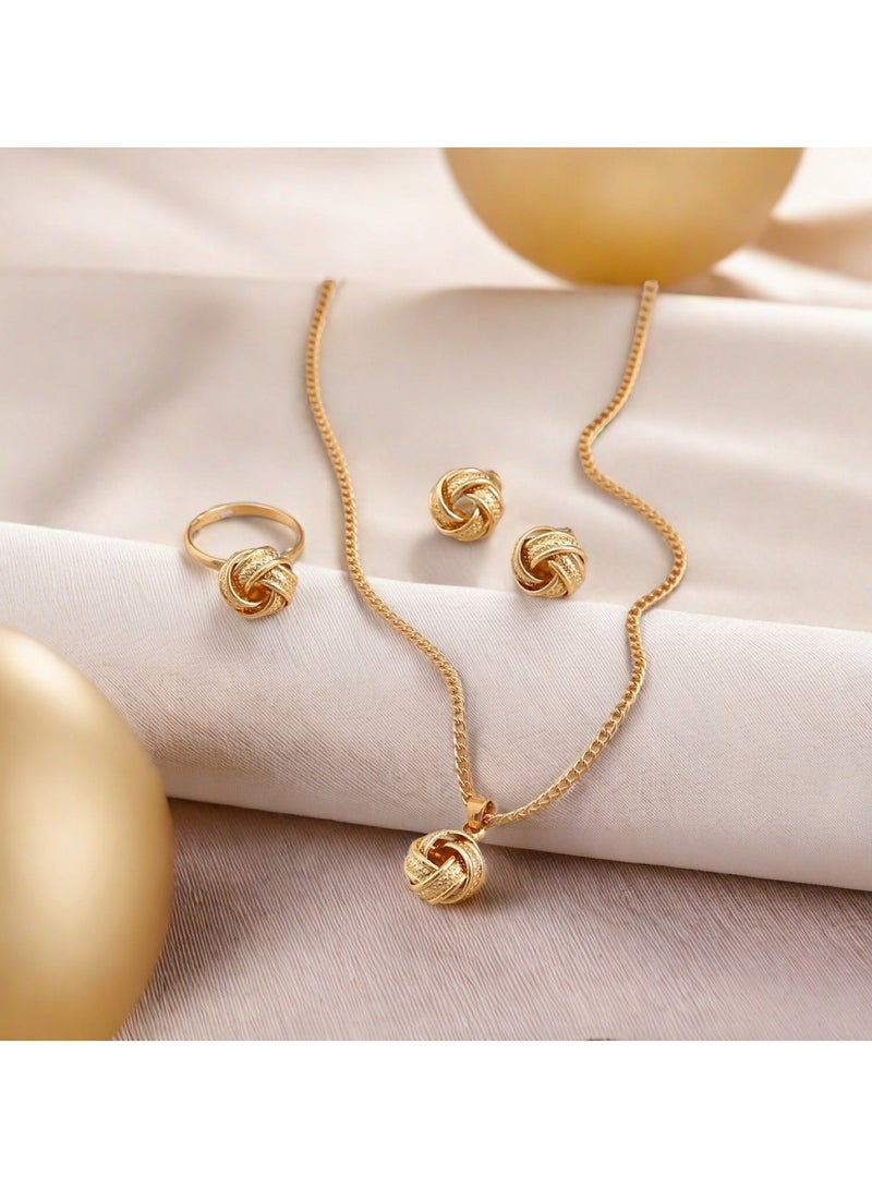 Huitich Elegant Gold Colour Knot Jewelry Set Necklace, Earrings & Ring Size : Earing 1.2Cm Pendant 2cm Ring 7 - Image 4
