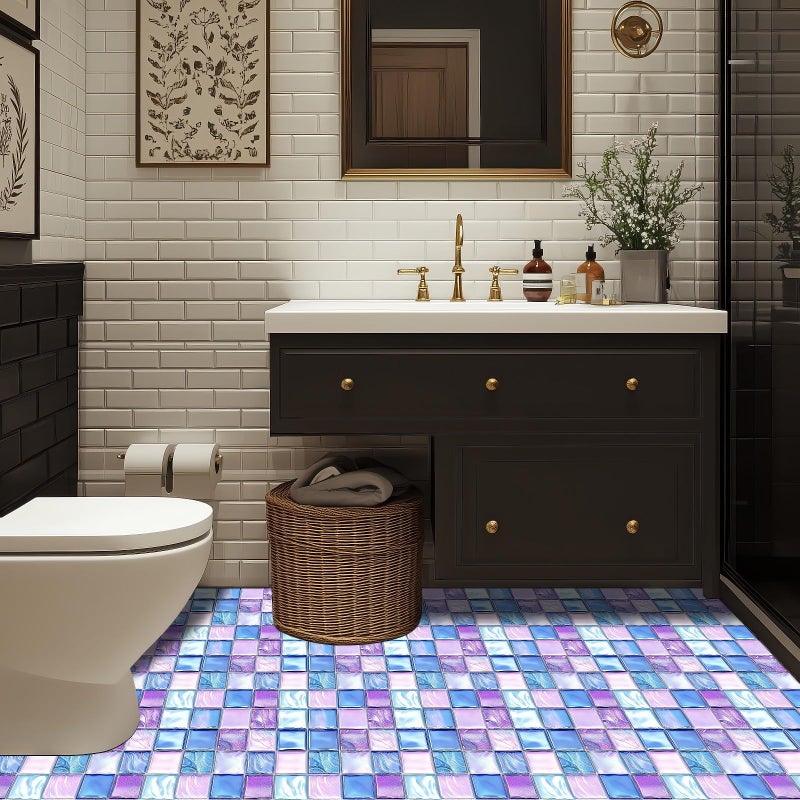 HOMETITUTE 10PCS 12x12 Inch Iridescent Blue Purple Mosaic Glass Look Floor Tiles Peel and Stick Removable Self Adhesive DIY Vinyl Flooring Stickers for Kitchen Bathroom Living Room Entryway Home Decor - Image 4